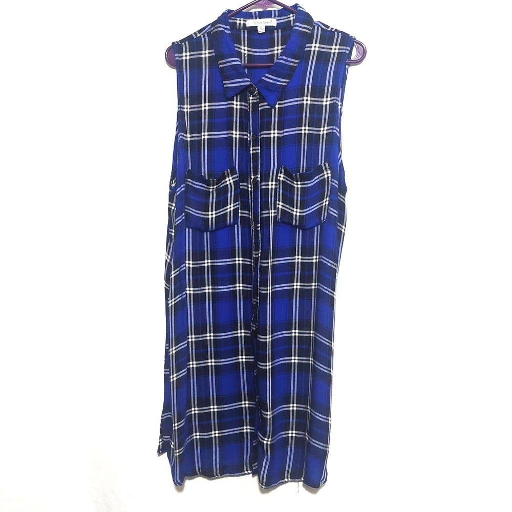 Extra Touch Womens 2X Plaid Shirt Midi Dress Sleeveless Button Down Pockets